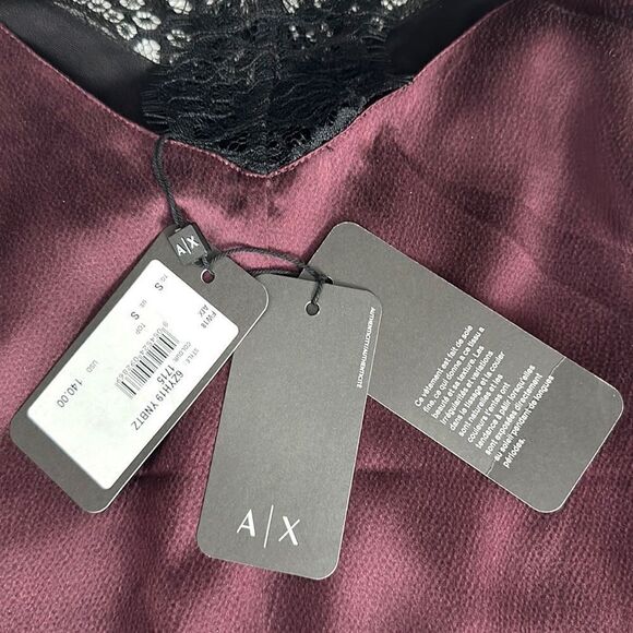 NWT NEW Armani Exchange Burgundy Silk Black Lace Cami Spaghetti Straps Top S - Picture 13 of 16